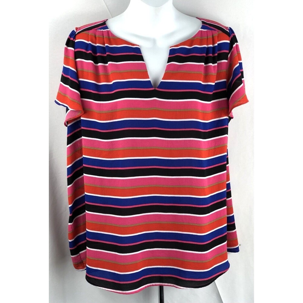 Vintage Elle Top XL Colorful Stripe Flutter Short Sleeve Flowy Pleated V-Neck